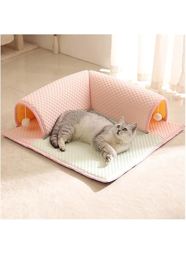 OAKTREE BAY 2 in 1 Cooling Cat Mat Cat Tunnel with Ice Silk Fabric, Cozy Cat Bed with Breathable and Non-Slip Bottom for Indoor Cats