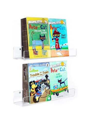 TOMVAES 2 Pack Floating Bookshelf, 16.5 Inch Wall-Mounted Invisible Shelves, 5mm Thick Transparent Acrylic, High Front Lip for Secure Display, Polished Rounded Edges, Ideal for Kids&rsquo; Books, Cosmetics