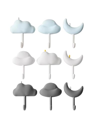 Tazweeq 9pcs Creative Cloud Key Hooks for Wall, Moon &amp; Cloud Shape Adhesive Hooks, Powerful Command Hooks for Bedroom, Bathroom, Kitchen, Entryway, Door, Easy to Install and Strong Holding Capacity