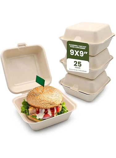 ecoway 100% Compostable Clamshell Take Out Food Containers [6x9" 25-Pack] Heavy-Duty Quality to go Containers, Natural Disposable Bagasse, Eco-Friendly Biodegradable Made of Sugar Cane Fibers