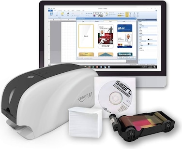 SMART 31S Single Side ID Card Printer- PRI-IDP31S - IDP Smart YMCKO Ribbon - Plain PVC cards (Pack of 100 Cards) - Basic Software IDesigner