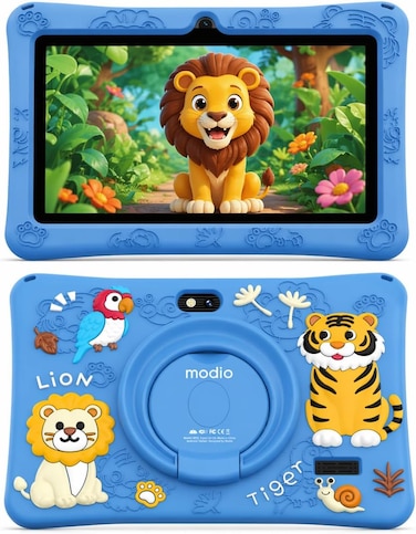 Modio M78 Tablet 7 Inch HD Display, 6GB RAM 256GB Storage, Android 15, 3000mAh, WiFi, Dual Camera, Shockproof Case (Blue)
