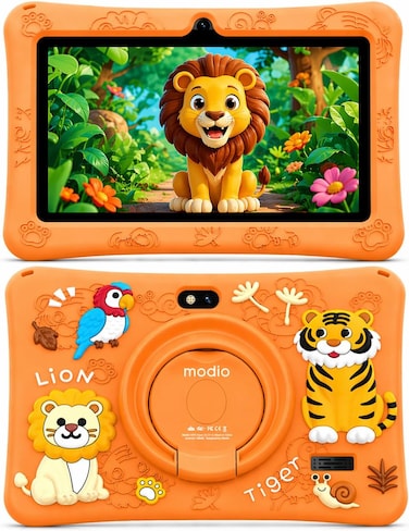 Modio M78 Tablet 7 Inch HD Display, 6GB RAM 256GB Storage, Android 15, 3000mAh, WiFi, Dual Camera, Shockproof Case (Orange)