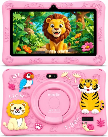 Modio M78 Tablet 7 Inch HD Display, 6GB RAM 256GB Storage, Android 15, 3000mAh, WiFi, Dual Camera, Shockproof Case (Pink)
