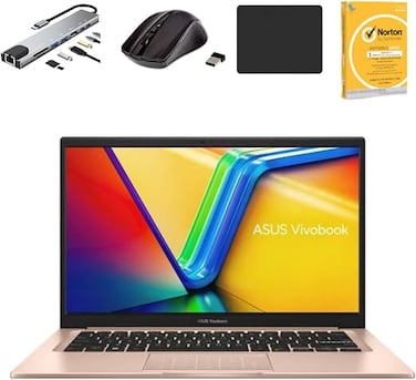 ASUS Vivobook X1404 Laptop with Intel Core i3 1315U  14" FHD Display  8GB DDR4 RAM  512GB SSD  Intel UHD Graphics  Windows 11 Home   With Bundle    Gold