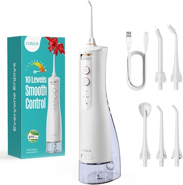 COSLUS Water Flosser for Teeth, Braces, Gums Care - Advanced 10 Pressure Settings for Multiple Users, 300ML, BPA-Free, IPX7 Waterproof, Rechargeable Portable for Home &amp; Travel, White E40 (WFP14)