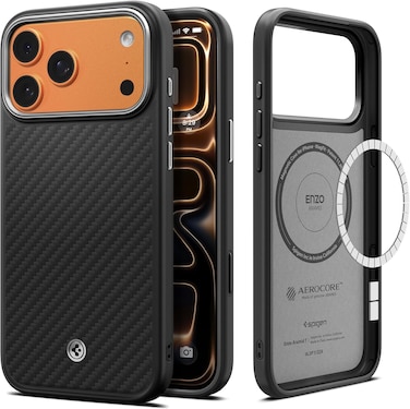 Spigen Enzo Aramid T MagFit designed for iPhone 17 PRO case [Camera Control Button Cover] [MagSafe compatible] Aramid Fiber - Black   Silver
