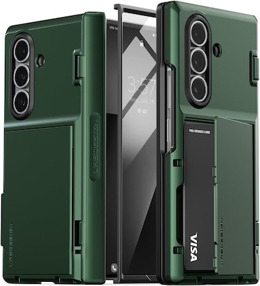 VRS Design Terra Guard Modern GO 360 for Samsung Galaxy Z Fold 7 case cover wallet (2025) with [2 Card Holder] compartment [Built-in Screen Protector] &amp; Hinge Protection - Metallic Green