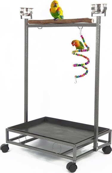 Egardenkart Bird Stand Play Top Large - Parrot Stand with Feeding Bowl, Tray and Wheels   Heavy Duty Wrought Iron Bird Perch Stand for Small, Medium and Large Birds (Black)