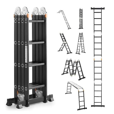 Egardenkart Multi-Purpose Foldable Ladder - 4x4, 16 Steps   Aluminum Folding Ladder for Home, Work, and Outdoor Use   Portable and Adjustable Ladder Foldable with Grip (4x4-4.7mtrs, Black)
