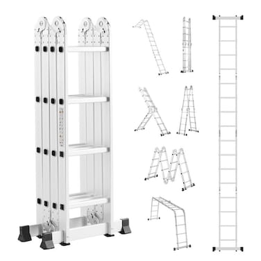 Egardenkart Multi-Purpose Foldable Ladder - 4x4, 16 Steps   Aluminum Folding Ladder for Home, Work, and Outdoor Use   Portable and Adjustable Ladder Foldable with Grip (4x4-4.7mtrs, Silver)