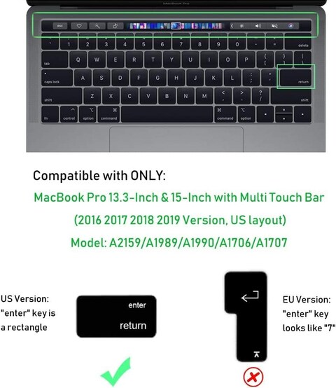 USA Version Russian English Silicone Protective Keyboard Cover for Macbook Pro 13/15 Inch with Touch Bar Model A1706/A1707/A1989/A1990/A 2159, Release 2016/2017/2018/2019, Black