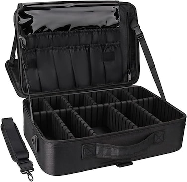 Large Makeup Bag 3 Layers Professional Train Cosmetic Bag Makeup Organizer Case Portable Artist Storage Brush Box with Adjustable Dividers and Strap for Makeup Accessories, Black