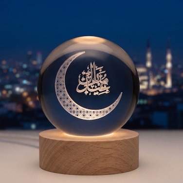 3D Crystal Ball Moon Lamp with Islamic Calligraphy – LED Night Light & Ramadan Decor Advanced 3D Laser Engraving

