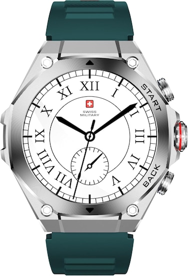 Swiss Military DOM6 Smartwatch 1.43" AMOLED, Bluetooth Calling, Wireless Charging, 7 Days Battery, IP67, iOS/Android Compatible, Silver Frame with Green Strap