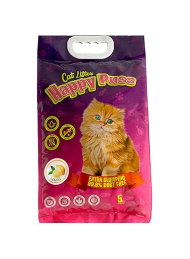 Happy Puss cat litter [5 L]-extra clumping perfumed natural bentonite [LEMON SCENT]-99% dust free. *24/7 performance; Anti-bacterial,Highly absorbent and Odour Control