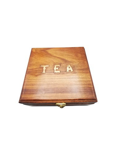 Wooden Tea Storage Box with 4 Compartments &ndash; Elegant Organizer with Brass Latch and Engraved &ldquo;TEA&rdquo; Letters, Rustic Wooden Finish for Storing Tea Bags, Spices, or Small Essentials