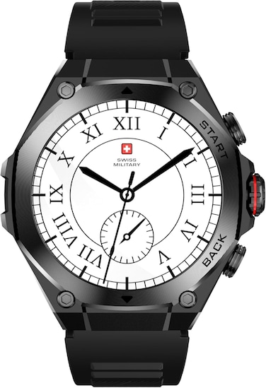 Swiss Military DOM6 Smartwatch 1.43" AMOLED, Bluetooth Calling, Wireless Charging, 7 Days Battery, IP67, iOS/Android Compatible, Silver Frame with Black Strap