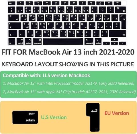 EU/UK Layout Arabic Language Silicone Keyboard Cover for MacBook Air 13&quot; 2020 M1 Chip Model A2179/A2337 With Touch ID, Dust/Spill Protection, Easy Install &amp; Washable Accessories Protector, Black