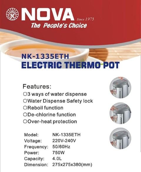 Electric Thermo Pot Water Dispenser - 750 Watts, Instant Hot Water, Energy Efficient, Auto Shut-Off, Stainless Steel&quot; 4.0Litres