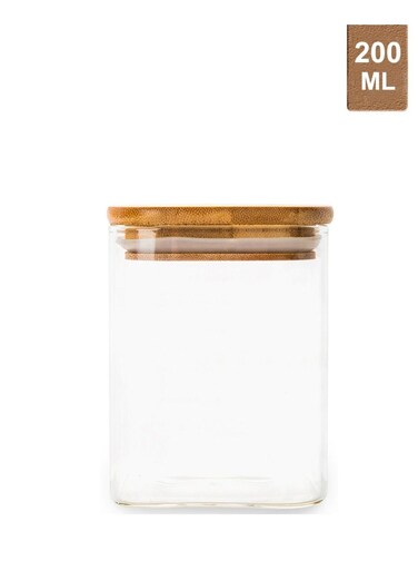 Honey Bee 200ML Multipurpose Airtight Square Glass with Bamboo Lid For Kitchen &amp; Pantry