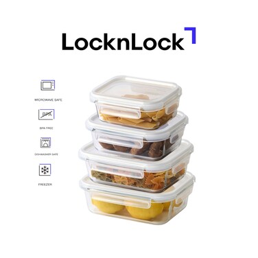 LocknLock Stackable Tempered Glass Rectangular Food Container 4-Piece Set Airtight Leakproof Tempered Glass with Locking Lid, Microwave, Freezer &amp; Dishwasher Safe, Stackable Glass Meal Prep Containers
