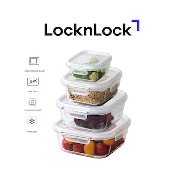 LocknLock Stackable Tempered Glass Square Food Container 4-Piece Set Airtight Leakproof Tempered Glass with Locking Lid, Microwave, Freezer &amp; Dishwasher Safe