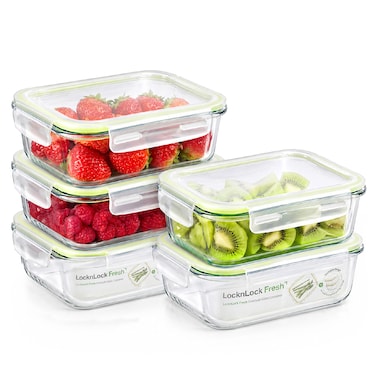 LocknLock Fresh Oven-Safe Glass Rectangular Food Container 5-Piece Set (1040ml) &ndash; Airtight Leakproof Lids, Microwave, Oven, Air Fryer and Freezer Safe