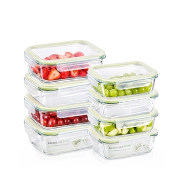 LocknLock Fresh Oven-Safe Glass Rectangular Food Container 8-Piece Set &ndash; Airtight Leakproof Lids, Microwave, Oven, Air Fryer and Freezer Safe