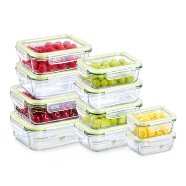 LocknLock Fresh Oven-Safe Glass Rectangular Food Container 10-Piece Set &ndash; Airtight Leakproof Lids, Microwave, Oven, Air Fryer and Freezer Safe