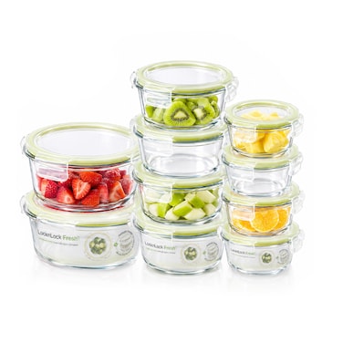 LocknLock Fresh Oven-Safe Glass Round Food Container 10-Piece Set &ndash; Airtight Leakproof Lids, Microwave, Oven, Air Fryer and Freezer Safe