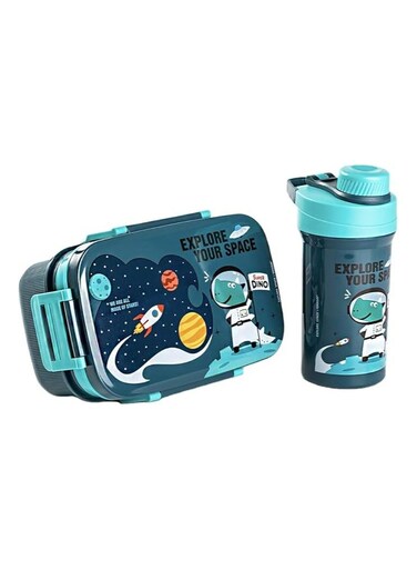 Cartoon Students Lunch Box with Water Bottle Set Adults Double Layer Work Lunch Box with Fork 1800ml and Drink Cup 500ml (Blue)