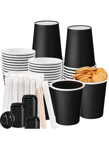 TERRASPOON [50 pack/12Oz] Double Wall Black Paper Cups With Individual Lids And 50 Pcs Wrapped Wooden Coffee Stirrers, for Hot and Cold Drinks, Eco-Friendly, 100% Recyclable.