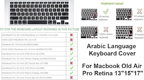 US Layout Arabic English Keyboard Cover for Older Version MacBook Pro 13&quot;/15&quot; (A1278/A1286)&amp; Macbook Retina 13&quot;/15&quot; (A1425/A1502/A1398)&amp; Older Version MacBook Air 13&quot; (A1369/A1466) Purple Color