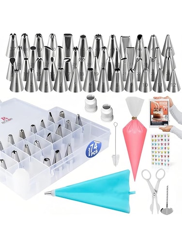 nalaina 74PCS Frosting Piping Tips Set, Icing Piping Bags, Nozzles Tip, Cake Decorating Set, Stainless Steel with Reusable and Disposable Pastry Bags for Cookie, Cake, Baking Supplies, Beginners