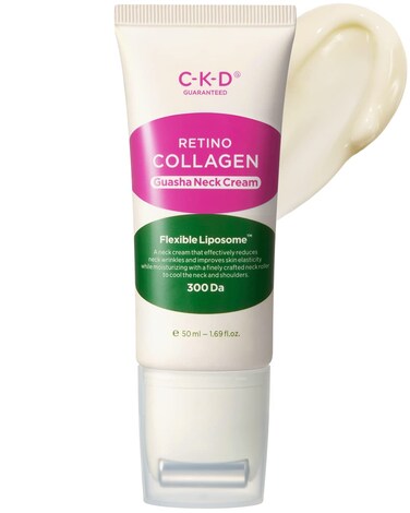 CKD Guasha Neck Cream with Small Molecule Retino Collagen, Anti-Aging Neck Firming Cream for Tightening Sagging Skin, with Steel Roller to Improve Circulation &amp; Complexion, 1.69oz.