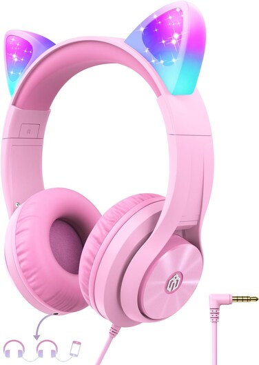iClever Kids Headphones with Cat Ear Led Light Up, Safe Volume Limite Kids Wired Headphones with FunShare Foldable Over-Ear Headphones for Kids/School/Travel
