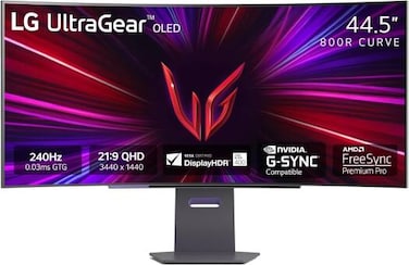 LG UltraGear 45-Inch OLED Curved Gaming Monitor, 3440x1440 WQHD, 240Hz, 0.03ms, 800R Curve, G-SYNC Compatible, FreeSync Premium Pro, DisplayHDR True Black 400, Contrast 1.5M:1 &ndash; 45GS95QE