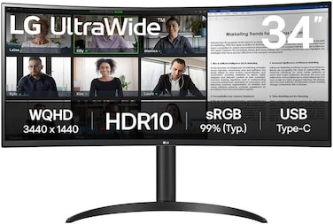 LG 34WR55QK-B Curved Monitor, 34" VA Display, WQHD Resolution, 100Hz Refresh Rate, 5ms (GtG @ Faster) Response Time, 16.7m Color Display,, USB Type-C with 65W Power Delivery, Black   34WR55QK-B.AMA