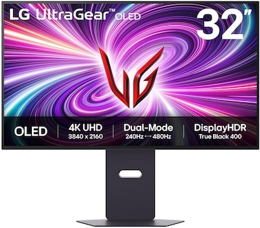 LG UltraGear OLED Gaming Monitor 32GS95UV-B, 32 Inch UHD 4K, Dual mode 4K: 240Hz / FHD: 480Hz, 0.03ms Response Time, NVIDIA G-Sync &amp; AMD FreeSync Premium Pro, 7W Stereo Speakers, DisplayPort, HDMI 2.1