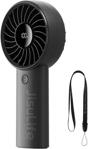 JISULIFE Handheld Mini Fan, 5000mAh Upgraded Portable Fan with Powerful Wind, USB Rechargeable Mini Hand Fan with Digital Display, 5 Wind Speeds, Ideal for Travel/School/Eyelash-Black