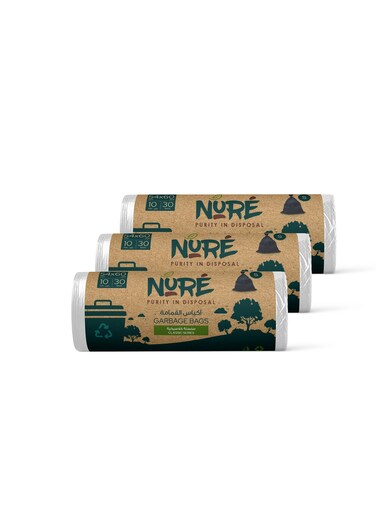Nure, Bio-Degradable Purity In Disposal Garbage Bag,10 Gallons , 30 Pcs, 54cmx60cm,Pack of 3