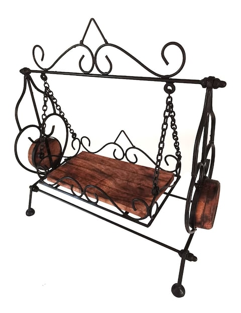 Decorative Miniature Swing with Wooden Seat – Vintage-Style Home Decor Accent with Sturdy Black Metal Frame – Charming Tabletop Ornament for Living Room, Office, or Garden Display