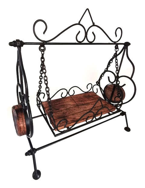Decorative Miniature Swing with Wooden Seat – Vintage-Style Home Decor Accent with Sturdy Black Metal Frame – Charming Tabletop Ornament for Living Room, Office, or Garden Display
