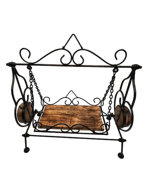Decorative Miniature Swing with Wooden Seat – Vintage-Style Home Decor Accent with Sturdy Black Metal Frame – Charming Tabletop Ornament for Living Room, Office, or Garden Display
