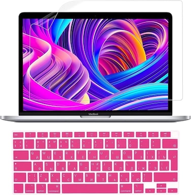 EU/UK Layout Ultra Thin Russian English Language Silicone Keyboard Skin Cover &amp; Screen Protector For MacBook Air 13-Inch 2020 with Retina Display and Touch ID, Model A2179 and A2337 M1 Chip, Pink