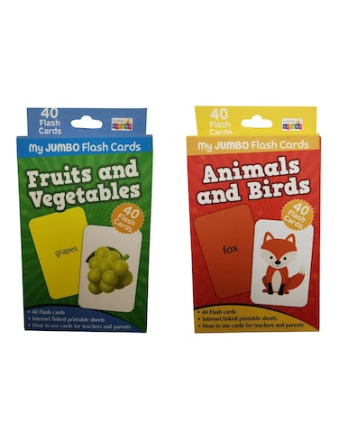 Jumbo Flash Cards Set Featuring Fruits, Vegetables, Animals, and Birds with Printable Sheets, Educational Flash Cards Set for Fruits, Printable Learning Sheets (2 Pack)