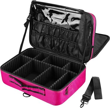 Large Makeup Bag 3 Layers Professional Train Cosmetic Bag Makeup Organizer Case Portable Artist Storage Brush Box with Adjustable Dividers and Strap for Makeup Accessories, Pink