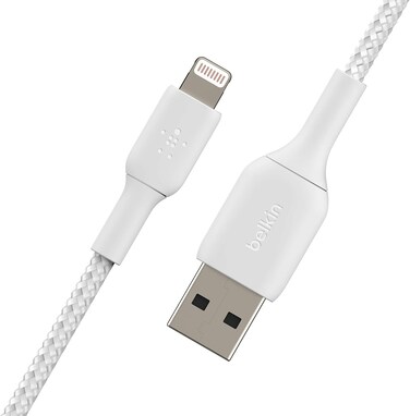 Belkin Braided Lightning Cable (Boost Charge Lightning to USB Cable for iPhone, iPad, AirPods) MFi-Certified iPhone Charging Cable, Braided Lightning Cable (1M, White)