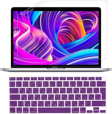 EU/UK Layout Ultra Thin Russian English Language Silicone Keyboard Skin Cover &amp; Screen Protector For MacBook Air 13-Inch 2020 with Retina Display and Touch ID, Model A2179/A2337 M1 Chip, Purple